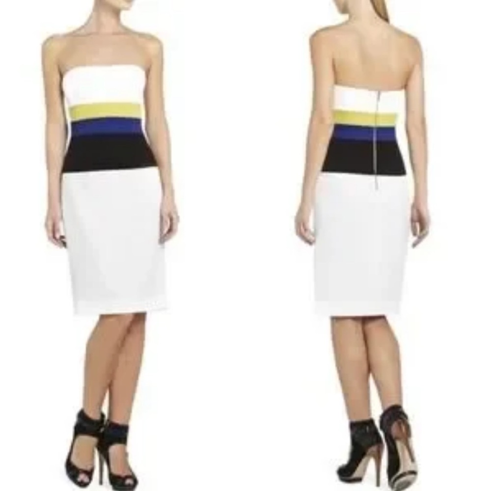 BCBGMAXAZRIA Reesie Strapless White Sheath Dress with Yellow, Blue & Black, Sz 8